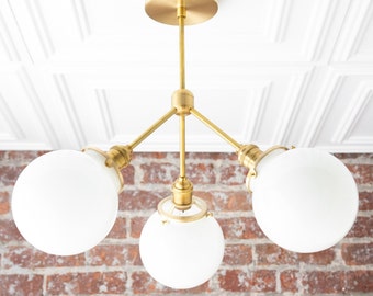 Semi Flush Globe Light - Ceiling Hanging Lamp - Dining Room Lighting - Brass Fixture - Opal Glass - Flush Mount - Model No. 9174