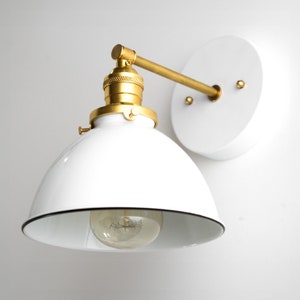 Industrial Sconce - Bathroom Wall Light  -  White Sconce - Brass Fixture - Hallway Lamp - Model No. 7026