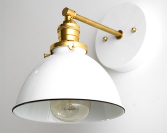 Industrial Sconce - Bathroom Wall Light  -  White Sconce - Brass Fixture - Hallway Lamp - Model No. 7026