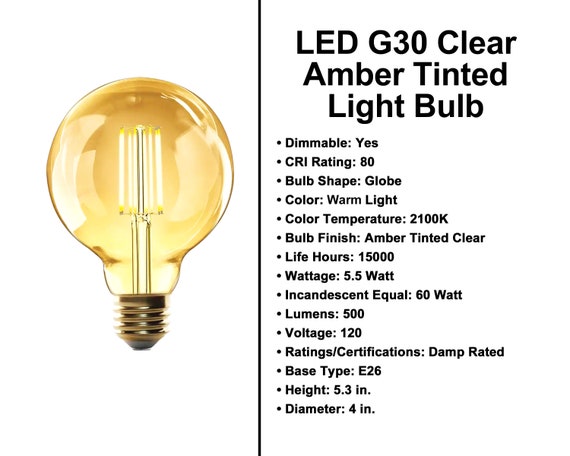 5.5 Watt 500 Lumens Clear Amber Tinted G30 Globe Light Bulb 2100