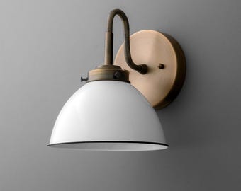 Sconce Light-White Wall Sconce-Enamel Dome Lamp-Antique Brass Sconce - Model No. 0973