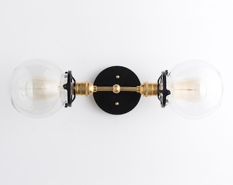 Vanity Lighting - Modern Vanity Lamp - Industrial Lighting - Brass Black Vanity -  Bathroom Lights - Globe Sconce - Model No. 7350