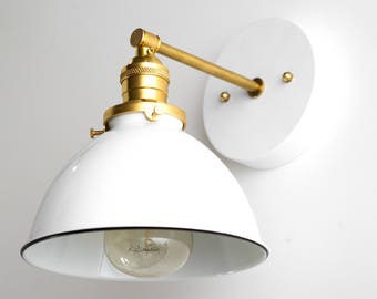 Industrial Sconce - Bathroom Wall Light  -  White Sconce - Brass Fixture - Hallway Lamp - Model No. 7026