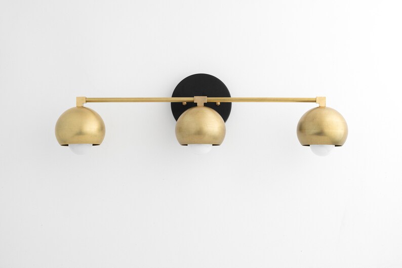 Mid Century Vanity Light Fixture Orb Three Bulb Wall Lighting Unfinished Brass