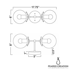 May include: A technical line drawing of a two-light wall sconce with spherical glass shades. Dimensions shown are 17.75 inches wide, 8 inches high, 6 inches deep, with a 5-inch diameter base and 2.5-inch glass shade depth. Includes Peared Creation logo.