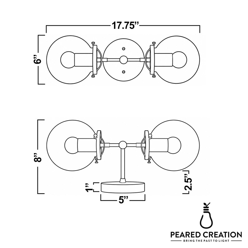 May include: A technical line drawing of a two-light wall sconce with spherical glass shades. Dimensions shown are 17.75 inches wide, 8 inches high, 6 inches deep, with a 5-inch diameter base and 2.5-inch glass shade depth. Includes Peared Creation logo.