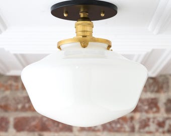 Schoolhouse Fixture - Opal Ceiling Light - Light Fixtures - Mounted Lamp - Mid Century Opal Glass - Model No. 5754