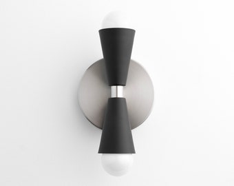 Modern Bowtie Sconce - Midcentury Lighting - Brushed Nickel - Black Cone Sconce - Small Wall Light - Model No. 4717