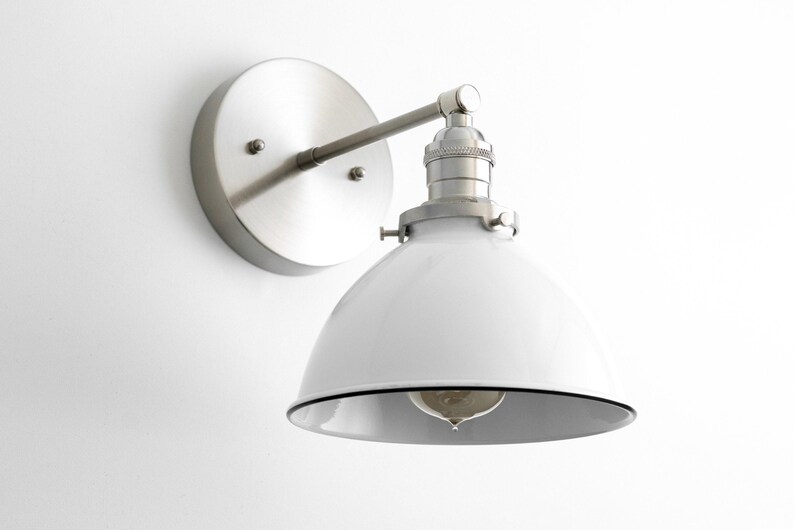 Industrial Wall Sconce - Bathroom Lighting - White Metal Shade Lamp - Vanity Wall Lights - Industrial Chic - Model No. 7026 imagem 8