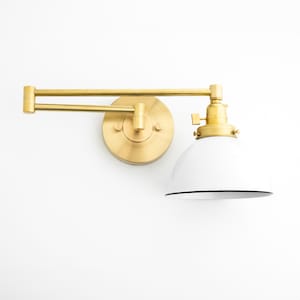 White Shade Sconce - Brass Wall Light - Plug In or Hardwire - Swing Arm Sconce - Bedside Lighting - Light Fixture - Model No. 2889