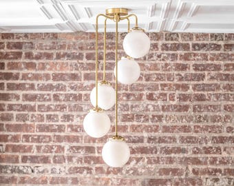 Modern Hanging Light - Globe Chandelier - Mid Century Fixture - Brass Light - Opal Glass - Large Chandeliers - Model No. 1809