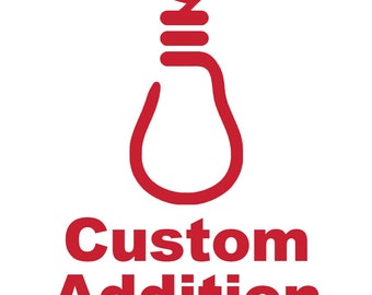 Puede incluir: Ilustración roja de una bombilla con una cuerda anudada en la parte superior. El texto "Custom Addition" está debajo de la imagen.