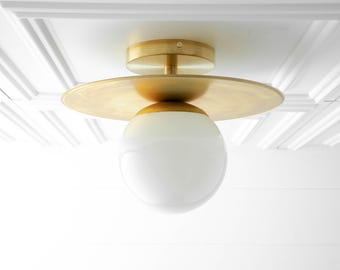 Ceiling Light - Opal Globe - Brass Backsplash - Brass Ceiling Light - Modern Lighting - Ceiling Fixture - Lighting Fixtures - Model No. 7651