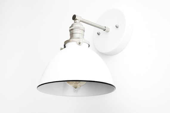 Brushed Nickel Sconce - Industrial Sconce - White Wall Light - White Nickel Light - Modern Sconce - White Bucket Light - Model No. 7026