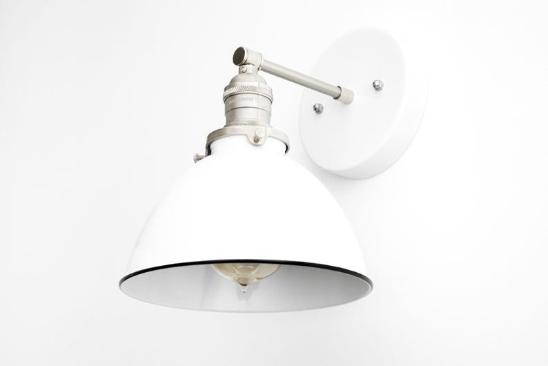 Brushed Nickel Sconce - Industrial Sconce - White Wall Light - White Nickel Light - Modern Sconce - White Bucket Light - Model No. 7026 White/Brushed Nickel