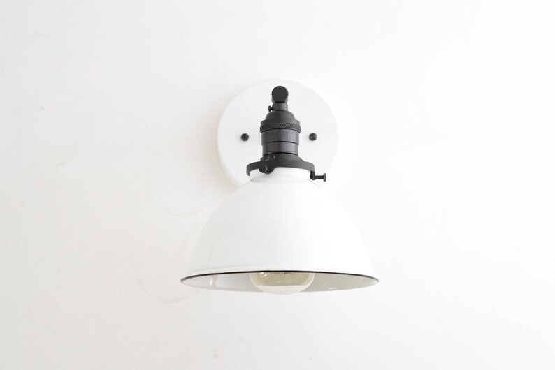 Industrial Wall Sconce - Bathroom Lighting - White Metal Shade Lamp - Vanity Wall Lights - Industrial Chic - Model No. 7026 imagem 2
