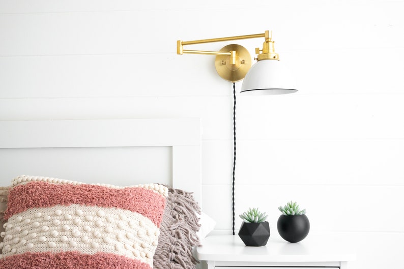 White Shade Sconce Brass Wall Light Plug in or Hardwire Etsy