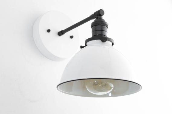 Industrial Wall Sconce - Bathroom Lighting  -  White Metal Shade Lamp - Vanity Wall Lights - Industrial Chic - Model No. 7026
