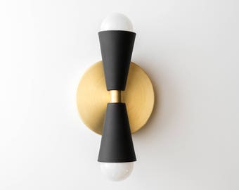 Black Gold Sconce - Mid Century Wall Sconce -  Cone Wall Light - Brass Wall Fixture - Bowtie Sconce - Model No. 4717