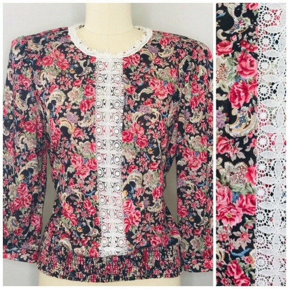 Vintage 80s Floral Ashley Blouse Lace Top size L L