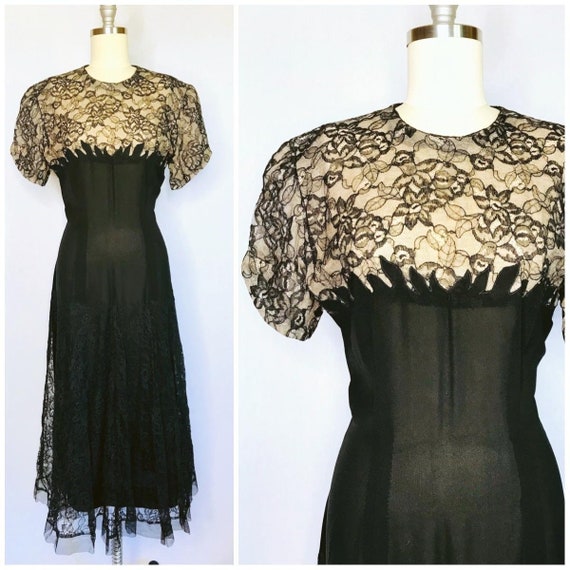 Vintage 40s Black Rayon Lace Dress Size XL large C
