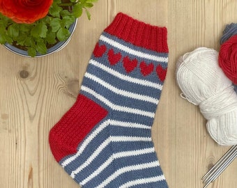 Knitting Pattern - Love Heart Socks, Hand Knitted Socks, Sizes UK 5 - 8, worked cuff down in 4ply yarn, on double pointed needles