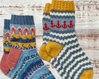 TWO Sock PATTERNS - The Seaside Collection - Beach Huts and Anchors, Knitted in 4ply sock yarn from cuff down, UK Size 5-8