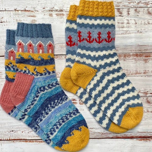 TWO Sock PATTERNS - The Seaside Collection - Beach Huts and Anchors, Knitted in 4ply sock yarn from cuff down, UK Size 5-8