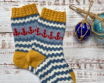 Knitting Pattern - Anchor Socks, Hand Knitted Socks can be made in Sizes UK 5 - 8, worked cuff down in 4ply yarn, on double pointed needles