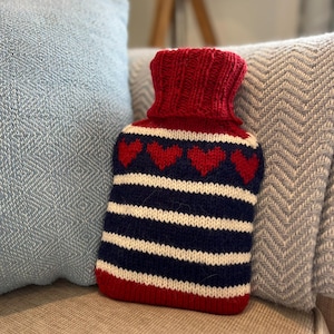 Knitting Pattern - Warm Hugs Hot Water Bottle Cover - DK Yarn - Hearts Colourwork with Nautical Stripes