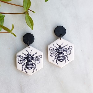Bumblebee Statement Earrings, Modern Handmade Illustrated Insect Dangle Earrings, Hypoallergenic Titanium Earrings