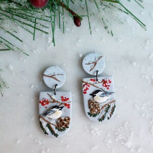 Chickadee in Winter Earrings, Audubon Inspired Handmade Dangle Earrings for Bird Lovers, Hypoallergenic Titanium Earrings