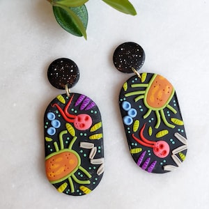 Black Microbe Earrings with Universe Studs | Hypoallergenic Titanium and Polymer Clay Jewelry | Fun Biology and Science Teacher Gift