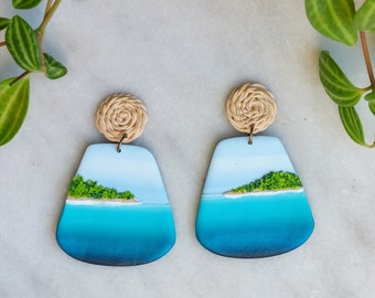 Tropical Island Earrings, Tropical Vacation Inspired Handmade Ocean Landscape Artisan Jewelry, Hypoallergenic Titanium Earrings