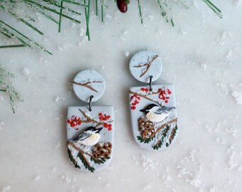 Chickadee in Winter Earrings | Nature Inspired Jewelry for Bird Lovers Bird Watchers Ornithologists| Hypoallergenic Titanium Earrings