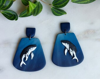 Humpback Whale Earrings | Biology and Science Teacher Gift with Shimmery Ombre Blue Ocean | Hypoallergenic Titanium Marine Animal Jewelry