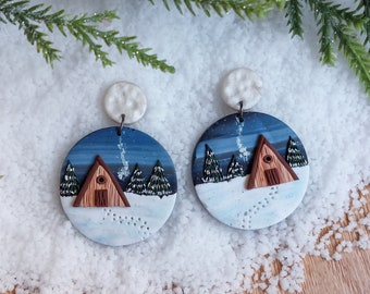 A-Frame Cabin in a Winter Wonderland Earrings, Winter Landscape Earrings, Hypoallergenic Titanium Snowy Forest Earrings