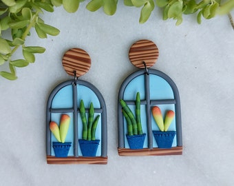 Potted Plant Earrings on Wooden Windowsill with Snake Plant and Succulent, Modern Plant Lover Earrings, Hypoallergenic Titanium Earrings