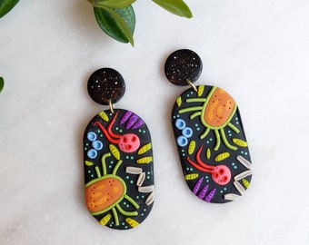Black Microbe Earrings with Universe Studs | Hypoallergenic Titanium and Polymer Clay Jewelry | Fun Biology and Science Teacher Gift