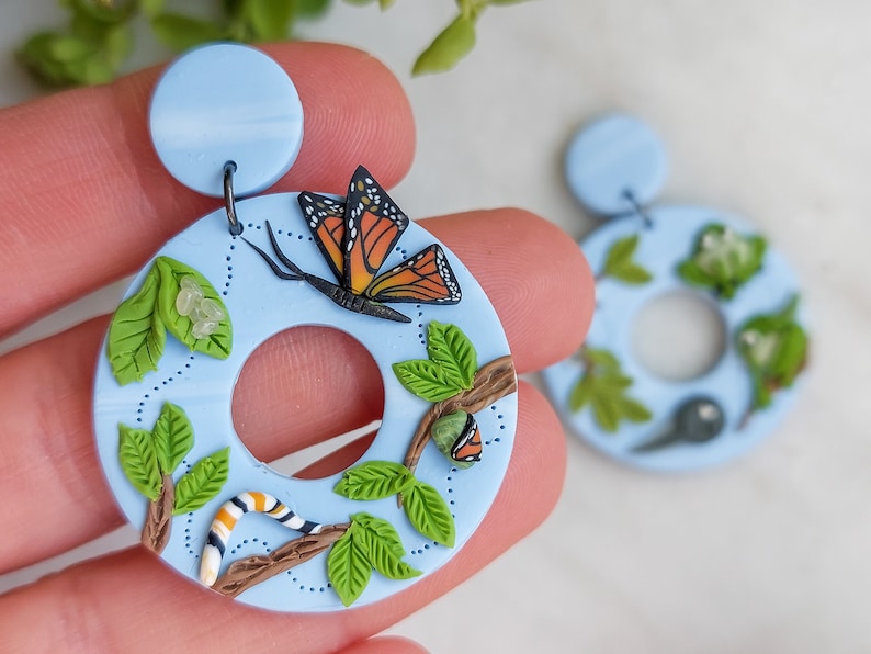 Metamorphosis Earrings | Monarch Butterfly and Frog Miniature Life Cycle Jewelry | Gift for Biologist, Nature Lover, Science Teacher image 3