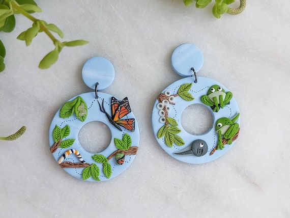Metamorphosis Earrings | Monarch Butterfly and Frog Miniature Life Cycle Jewelry | Gift for Biologist, Nature Lover, Science Teacher