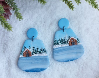 Cozy Cabin in a Winter Wonderland Earrings, Winter Lake Landscape Earrings, Hypoallergenic Titanium Snowy Forest Earrings