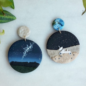 Earth and Moon Space Earrings | Whimsical Astronomy and Lunar Rover Clay Jewelry | Gift for Science Teacher, Stargazer, Space Explorer