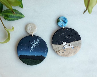 Earth and Moon Space Earrings | Whimsical Astronomy and Lunar Rover Clay Jewelry | Gift for Science Teacher, Stargazer, Space Explorer
