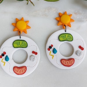 May include: A pair of white earrings with a cell design. Each earring features a small orange sun charm at the top and a white circle with a variety of colourful cell components, including a green chloroplast, a blue water droplet, a red mitochondrion, and a white ribosome.