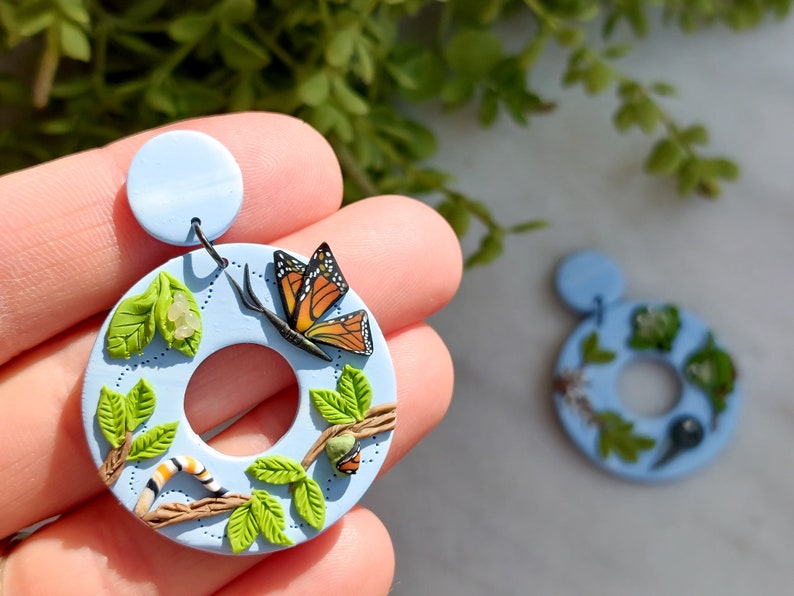 Metamorphosis Earrings | Monarch Butterfly and Frog Miniature Life Cycle Jewelry | Gift for Biologist, Nature Lover, Science Teacher image 8