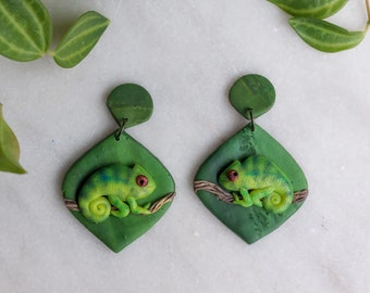 Chameleon Earrings | Rainforest Animal Jewelry | Quirky Nature Themed Gift for Biologist, Teacher, Conservationist and Environmentalist