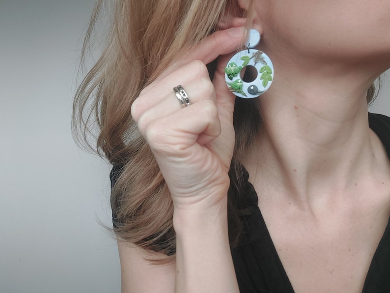 Metamorphosis Earrings | Monarch Butterfly and Frog Miniature Life Cycle Jewelry | Gift for Biologist, Nature Lover, Science Teacher image 5