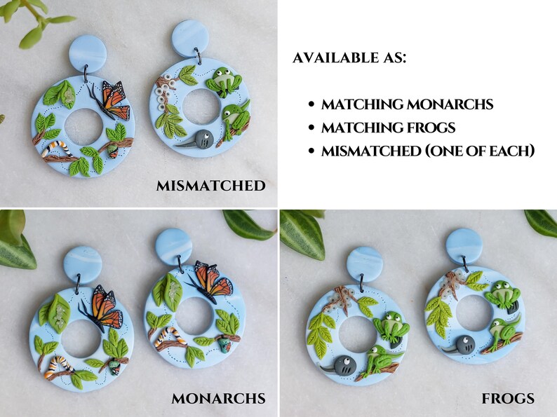 Metamorphosis Earrings | Monarch Butterfly and Frog Miniature Life Cycle Jewelry | Gift for Biologist, Nature Lover, Science Teacher image 2