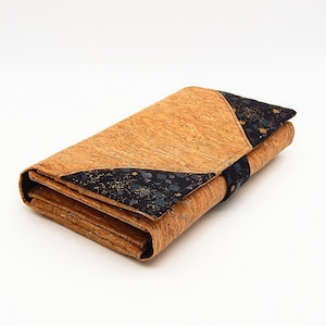 portefeuille en liège avec inclusions dorées et coton noir / avec porte cartes, porte monnaie et poche à chéquier/pour femme, ado/portfolio